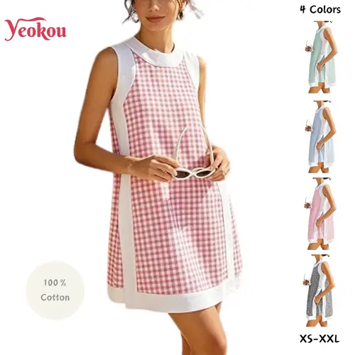Yeokou Women's Gingham Plaid 2-Piece Casual Matching Set - Lightweight Stretchy Fabric, Round Neck Sleeveless Color Block Pullover Top, Pocketed Shorts, Basics Cute Trendy Clothes for Women,sohochic