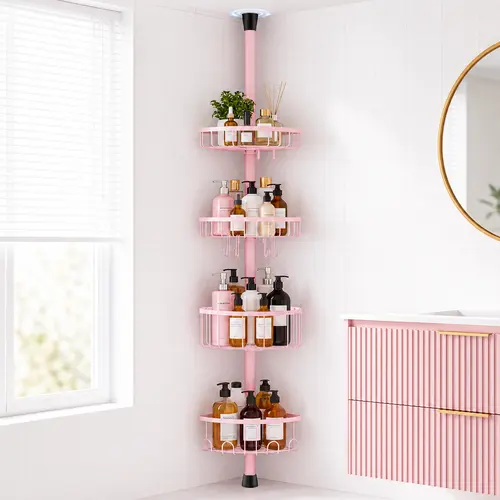 Pink 4-Tier Adjustable Corner Shower Caddy – Rustproof Stainless Steel Bathroom Organizer, No-Drill Tension Pole 47–121" with High Load-Bearing Capacity Shelves & Hooks for Shampoo, Loofah, Towels Rod Floor Standing Bath Rack