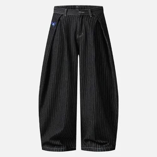 Aelfric Eden Pinstripe Baggy Barrel Jeans High Waist Balloon Barrel Silhouette Pinstripe Denim Fabric Pleated Waist Detail Heavyweight Denim Retro Streetwear Unisex Bottoms