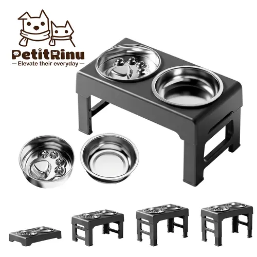 PETITRINU Elevated Adjustable Dog Bowls for Large Dogs, Stainless Steel Slow Feeder Dog Bowl with Height Adjustable Stand (21-27cm / 8.3-10.6'' ),17.1" Wide  Anti-Slip No-Spill Raised Pet Feeder for Neck Protection & Healthy Digestion
