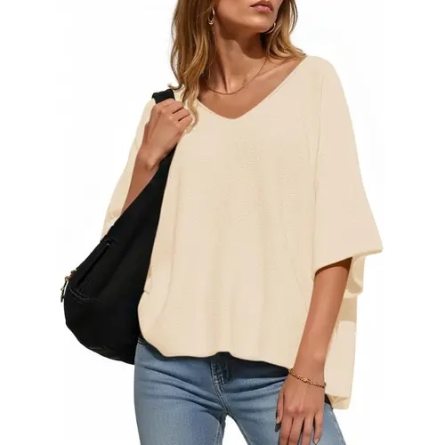 Saodimallsu Women's Minimalist Lightweight Knit Sweater - Casual Sexy V-Neck Batwing Sleeves Loose Draped Top, Buttery Soft, Women's Fashion Knitwear Clothes, Clean Girl Clothes Pullovers,sohochic