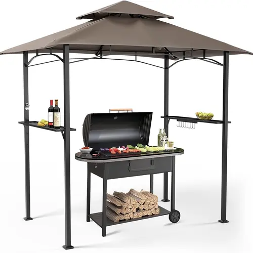 INTERGREAT Outdoor Grill Gazebo 8 x 5, Patio Double Tiered BBQ Canopy w/Air Vent, Gazebo Canopy with 8 Hook Tools for Barbecue Picnic Garden, Backyard, Poolside -Brown