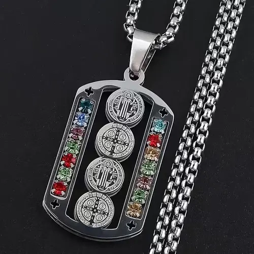 Unisex Saint Benedict Pendant Necklace - Mix-Color Stainless Steel Religious Medallion, Elegant Biblical Themed Necklaces for Faith, Daily Wear, Meaningful Spiritual Jewelry Gift, Symbols,sohochic