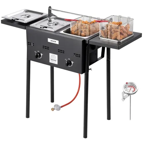 【Back to School】VEVOR 16Qt Propane Deep Fryer, Dual-Tank Commercial Stainless Steel Cooker with Dual Baskets, Foldable Platform, Hook, Adjustable Temperature, Simultaneous Fry Function, Floor-Standing for Restaurant Home Use