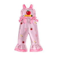 Toddler Baby Girls Back-to-School Overalls Apple Pencil Embroidery Plaid Jumpsuit Cute Bow Suspender Pants for Toddler