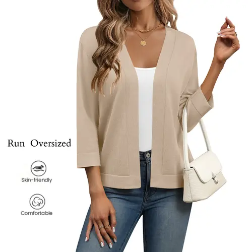 Women's 3/4 Sleeve Open Front Cropped Knit Cardigan Sweater Casual Bolero Shrugs for Dresses Summer Outfits Minimalist 2026 lightweight Breathable Clothes for Casual Office Summer Layering Cover Up Women's Tops