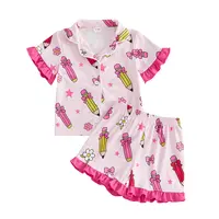 Toddler Girl Back to School Silk Pajamas Short Sleeve Apple Pencil Bow Print Shirt+Shorts First Day of School Outfit