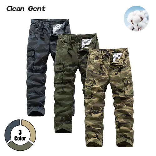 Clean Gent men’s practical camouflage cargo pants with flap design and multiple pockets, made from cotton fabric—soft, comfortable, and breathable—with drawstring, zipper, and button closures; suitable for everyday commuting and a Father’s Day gift.