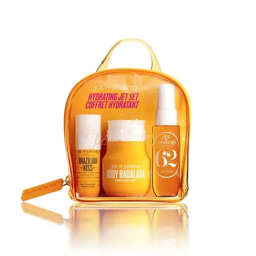 Sol de Janeiro Brazilian Hydrating Jet Set 3-Piece Mini Travel Kit - Cheirosa 62 Pistachio & Caramel Aroma, Hyaluronic Acid Lotion, Coconut Lip Butter, Liquid Skin Smoother, Adults' Body Care Gift Set
