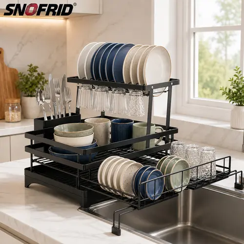 Snofrid Foldable Over-Sink Dish Drying Rack, Pull-Out 2-Tier Dish Drainer with Utensil Holder, Space-Saving Kitchen Organiser with Cup Holder Draining Boards, Home Accessory, Kitchen Accessories, House Organizers, Drain Spout, Plate Rack, Rustproof Steel