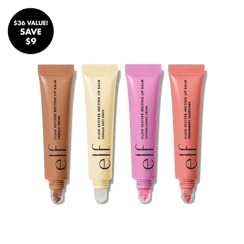 e.l.f. Glow Reviver Melting Lip Balm 4-Pack - Island Colada, Cotton Candy Crush, Vanilla Toffee, Yummy Gummy - Smooth Application, Buildable Color, Hydrating Butters