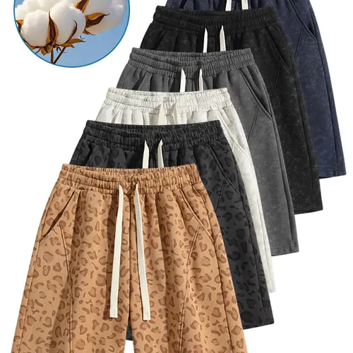 Men's Cotton Blend Sweat Shorts Casual Athletic Lounge Shorts with Pockets, Leopard Print & Acid Wash Loose Fit Drawstring Gym Shorts for Summer Workout