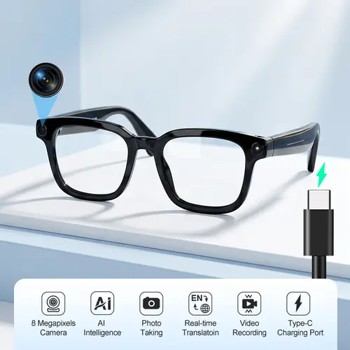 Smart AI Glasses with 8MP Camera, 1200P HD Video & Photo Capture Wearable for Travel, Real-Time Translation Support, Recording Glasses with AI Voice Assistant, Open-Ear Audio, Object Recognition, Bluetooth, for Travel Outdoor