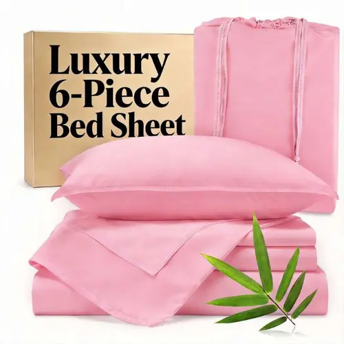 Bamboo Sheet Set 6-piece Pink & Cooling Sheets Set include 1 Flat sheet & 1 Fitted Sheet & 4 Pillowcases,Cooling Sleep for Hot Summer Nights,Wrinkle-Free,Luxury Hotel-Style Aesthetic,Father’s Day Gift, Twin/ Twin xl /Full/Queen/King Size. Home Decor