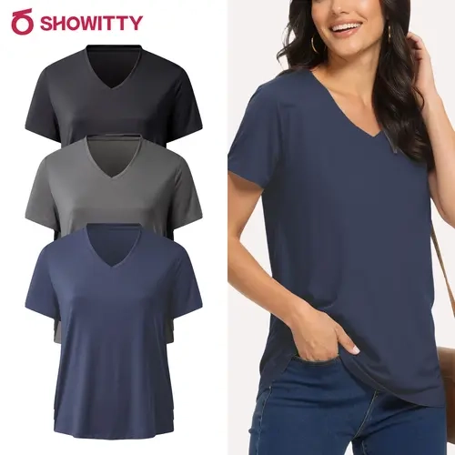 SHOWITTY Outlets Womens Plus Size V-Neck T-Shirt – Short Sleeve Casual Top, Lightweight Breathable Loose Fit Basic Tee for Everyday Wear #tiktokshopsummersale