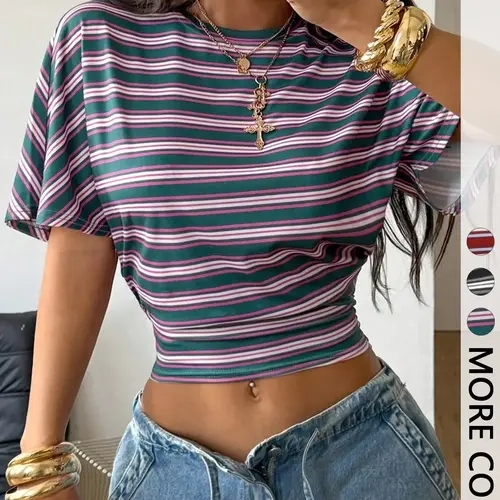 Women's Spring/Summer Minimalist Chic Y2K Preppy Basic Daily Wear Casual Back To School Streetwear Stretchy Loose Ruched Stripe Crop Tees