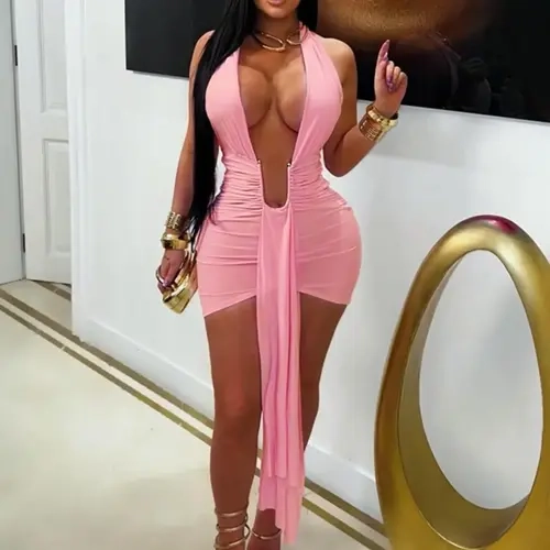 Women's Deep Plunge Halter Solid Bodycon Dress with Metal Ring, Sexy Party Dress for Nightclubs, Music Festivals, and Cocktail Parties