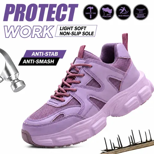 Women's Mesh Steel-Toe Safety Shoes - Lightweight, Puncture-Resistant, Breathable Walking Shoes with Anti-Slip Sole Work & Safety Footwear, Closed Round Toe, Less Than Ankle, Lace-Up, Synthetic, Made for Industrial & Work Floors, Reduces Less Foot Fatigue
