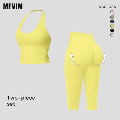 MFVIM Women’s halter V neck yoga set — high waisted, thigh lifting fitness leggings; seamless, quick dry running two piece set with a second skin feel,travel essentials,camping essentials,back to school,back to school haul,sohochic