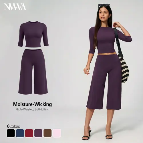 Effortless Cozy 2 Piece Matching Set | Flowy Wide Leg Pants + Slimming Elbow Sleeve Top | High Waisted Lounge Co-ord | Trendy Casual Wear women's clothes tiktokshopbacktoschool,back to school,back to school haul,sohochic