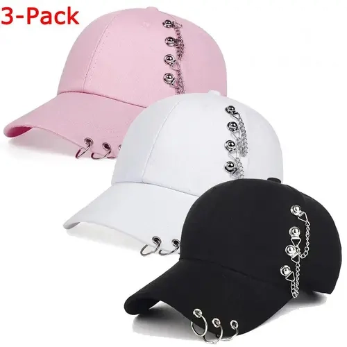 3-Pack Unisex Grunge Punk Baseball Cap - Breathable Cotton Blend Streetwear with Pierced Rings & Cascading Chain, Adjustable Adult Everyday Sports & Outdoor Hat, Flat Bill Camping Essential Accessory