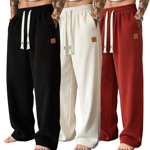 Men's 3-Pack Comfy Casual Pants - Mid-Rise Straight-Leg Loose Fit, Drawstring Waist, Plain Street Style Activewear for Outdoor Walking, Comfy Pants, Sportswear, Athletic,sohochic