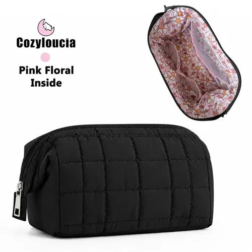 COZYLOUCIA Makeup Bag for Women, Chic Puffy Quilted Floral Cosmetic Case with Wide-Open Top, Travel Organizer for Makeup Products, Wedding, Party, Business, Cute Girly Gifts TikTokShopBackToSchool  sohochic, Basic