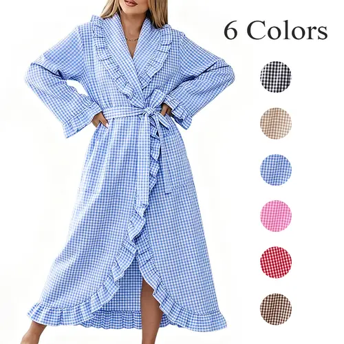 Cotton Robes for Women Gingham Long Sleeve Ruffle Trim Robe Bathrobe Lightweight Plaid Loungewear Sleepwear