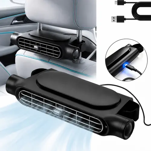 Plug-in Adjustable Car Headrest Fan, USB Dual Turbo HighAirflow Auto Cooling Fan, 5 Speed Adjustable, Easy InstallWith Magic Tape, Universal Fit For Car SUV RV, ABSMaterial Car Interior Accessories