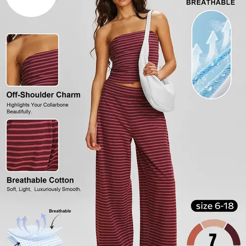 Women's Chic Casual Set Color Matching Stripe Slim Tube Top & Low-Rise Wide Leg Trousers Co-ord, Striped, Spring & Summer Holiday Outfits, Comfortable Womenswear