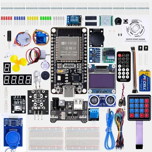 ELEGOO ESP-32 Super Starter Kit with Tutorial, USB-C Dual-Core Processor WiFi+Bluetooth SoC Microcontroller Board, CP2102 Chip, Motors, Sensors, LCD, Input Devices, AP/STA/AP+STA Support, Arduino IDE Compatible, Over 35 Electronic Parts Modules, Displays,