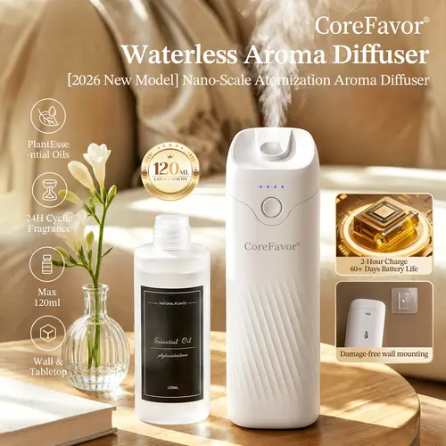 CoreFavor Waterless Essential Oil Diffuser - 120ml Cordless Compact Form Portable Unit, USB Rechargeable Batteries, Wall Mount, 4 Adjustable Fragrance Levels, Quiet Small Footprint Humidifier for Bathroom, Bedroom, 0.12L,sohochic