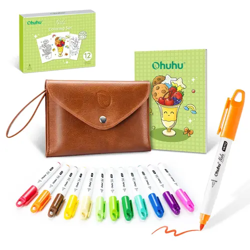 Ohuhu Mini Alcohol Markers: Brush Tip / Fine Tip - 12 Colors Killing Time Pocket Travel Coloring Kit / 12 Glitter Colors, Alcohol-based Markers for Adult Beginners with Coloring Book & Reusable Case - Refillable Ink - Glitter / Nalu Series of Ohuhu