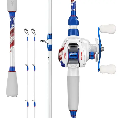 KastKing Patriot Fishing Combo - Special Edition Red White Blue Baitcaster Rod and Reel Combo | 9+1 Bearings Smooth Waterdrop Reel with Dual-Tip Rod