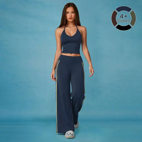 MFVIM Women’s 2-Piece Athletic Wear Sportswear Set - Summer Casual Halter Tank Top + Side Contrast Striped Wide-Leg Pants, Matching Workout Sets for Women, Suitable for Gym, Outdoor Activities, Sohochic