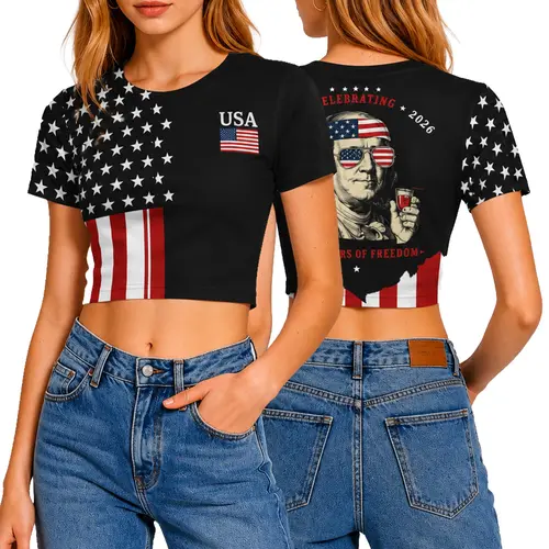 Women’s USA 250th Anniversary Crop Top, 1776-2026 Patriotic American Flag Graphic Crop Shirt, Bald Eagle Statue of Liberty Printed Cropped Tee, Independence Day 4th of July Party Outfit, Y2K Summer Streetwear XS-XXL