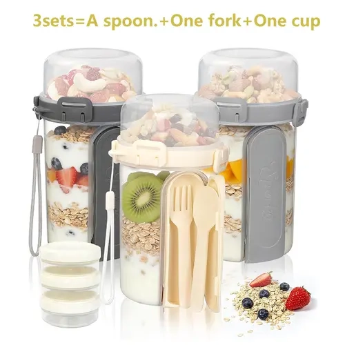3 Sets Overnight Oatmeal Jars with Lid, Spoon, Fork, Portable Dual-Layer Yogurt Cup, Dry-Wet Separation, Convenient Food Storage Breakfast Container, Kitchen Plastic Containers, Overnight Oats Jar