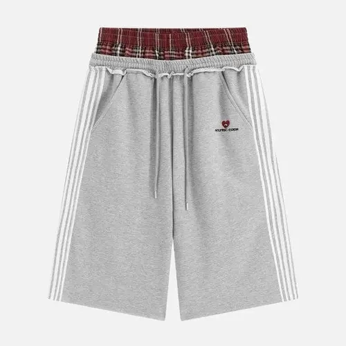 Aelfric Eden Double Waist Plaid Patchwork Longline Shorts High Waist Double Waistband Design Side Stripe Detail  Soft  Fabric Retro Sporty Streetwear Unisex Bottoms