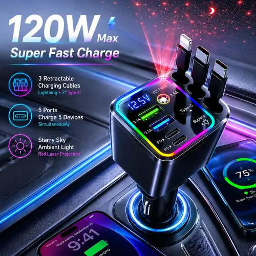 7 in 1 Retractable Car Charger 120W Super Fast Charging PD 20W USB A 65W 3 Tangle Free Retractable Cables Charge 7 Devices Simultaneously Starry Sky Light 1 Click Galaxy Projector LED Voltage Display Smart Chip Universal for iPhone Samsung Android iPad su