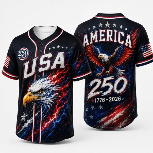 Men's Button-Down Patriotic Baseball Jersey - USA 250th Anniversary, Bald Eagle Graphic, Flame Print for 4th of July Sports & Outdoor Wear