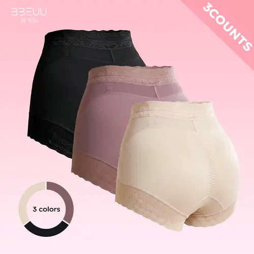 BBEUU High-Waisted Briefs 3pcs for Women ,  Lace Trim & Mesh Panels, Elastic Breathable, Non-Slip Strips, Versatile Simple Panty-for live
