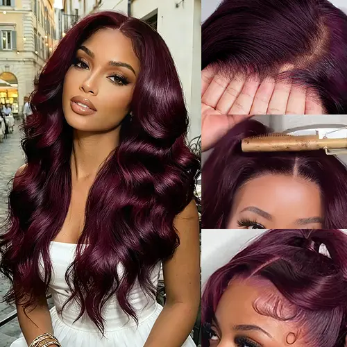 Pizazz Black Cherry Body Wave Lace Front Wigs Human Hair 13x6 HD Lace Frontal Human Hair Wigs Pre plucked Pre bleached Small Knots With Baby Hair  For Women