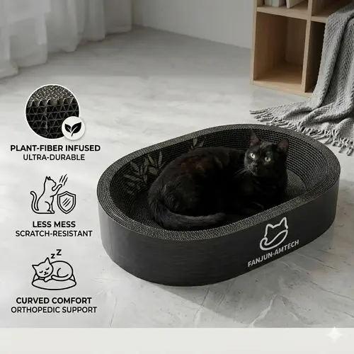 Modern Black Oval Cat Scratcher Lounge, Premium Hardened Cardboard Cat Bed, Elegant 2-in-1 Pet Scratching Pad & Nest for Contemporary Home Decor Cat Furniture cool cat stuff for indoor tiktokshopsummersale