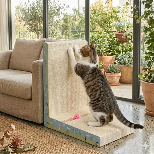 FANJUN-AMTECH Premium Classic L-Shaped Cat Scratching Post, Natural Non-Toxic Hardened Plant Fiber Vertical Board, Sturdy Corrugated Cardboard Small Geometric Space-Saving Furniture Shield with Interactive Toy for Indoor Kitties | tiktokshopsummersale