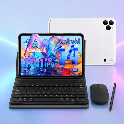 Back To School Android 10.1" Tablet Bundle, Extended Storage Supported, w/ Keyboard Mouse Stylus for Notes, Classes, Streaming & Campus Life - HDM