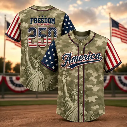 Patriotic Style Baseball Jersey, Camo Flag Sleeve Apparel Jersey, Star-Striped US Flag Print, Vintage Military Retro Oversized Design, Independence Day Veteran Casual Gift #TikTokMadeMeBuyIt, Retro Jersey Baseball