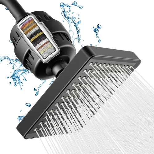 Filtered Shower Head Set 20 Stage Shower Filter-6-inch square luxury polished chrome high-pressure shower head filter, which can reduce chlorine and heavy metals