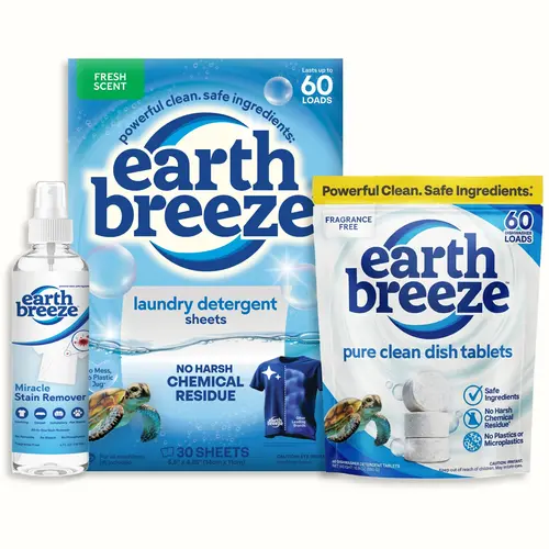 Earth Breeze Clean Home Trio Eco-Friendly Cleaning Kit: Laundry Detergent Sheets, Miracle Stain Remover Spray, Dishwasher Detergent Tablets - Fresh Scents, Non-Chemical, All-Purpose Cleaners, Residue-Free Household Supplies