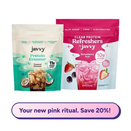 Javvy Pink Protein Drink Bundle with Collagen - Strawberry Acai Refresher & Toasted Coconut Collagen Protein Creamer – Pink Strawberry Coconut Cream Refresher with Clear Whey Electrolytes & Collagen 10g + 14g Protein Collagen Keto Friendly, No Added Sugar