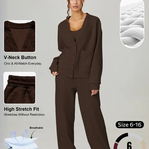 Women's Long Sleeve Button-Front Cardigan and Wide Leg Pants, Basic Knit Pajama Set, Casual Loungewear for Spring and Fall, Homewear